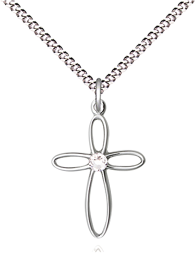 Sterling Silver Loop Cross Pendant with a 3mm Austrian Crystal Stone on a 18-inch Light Rhodium Light Curb Chain.