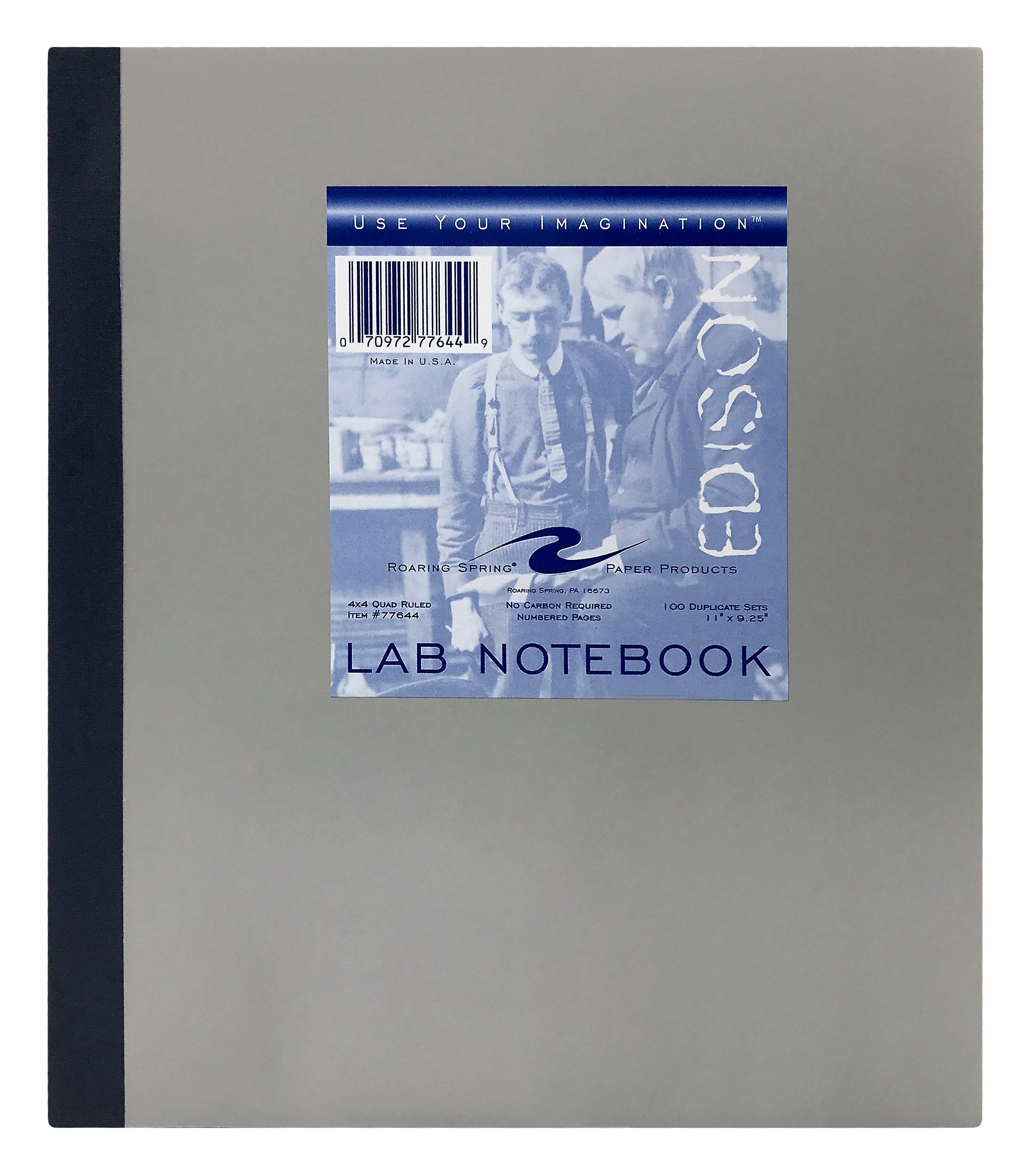 Roaring Spring 4x4 Graph Ruled Lab Book with Numbered Carbonless Sets, 11" x 9.25" 100 Sets, Gray Cover, White/Blue Pages