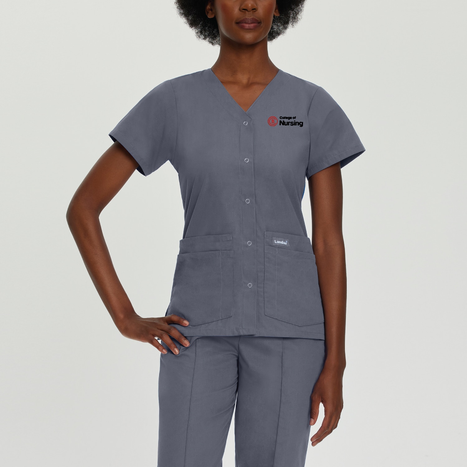 Baker College Decorated Snap Front 4-Pocket V-Neck Solid Scrub Top