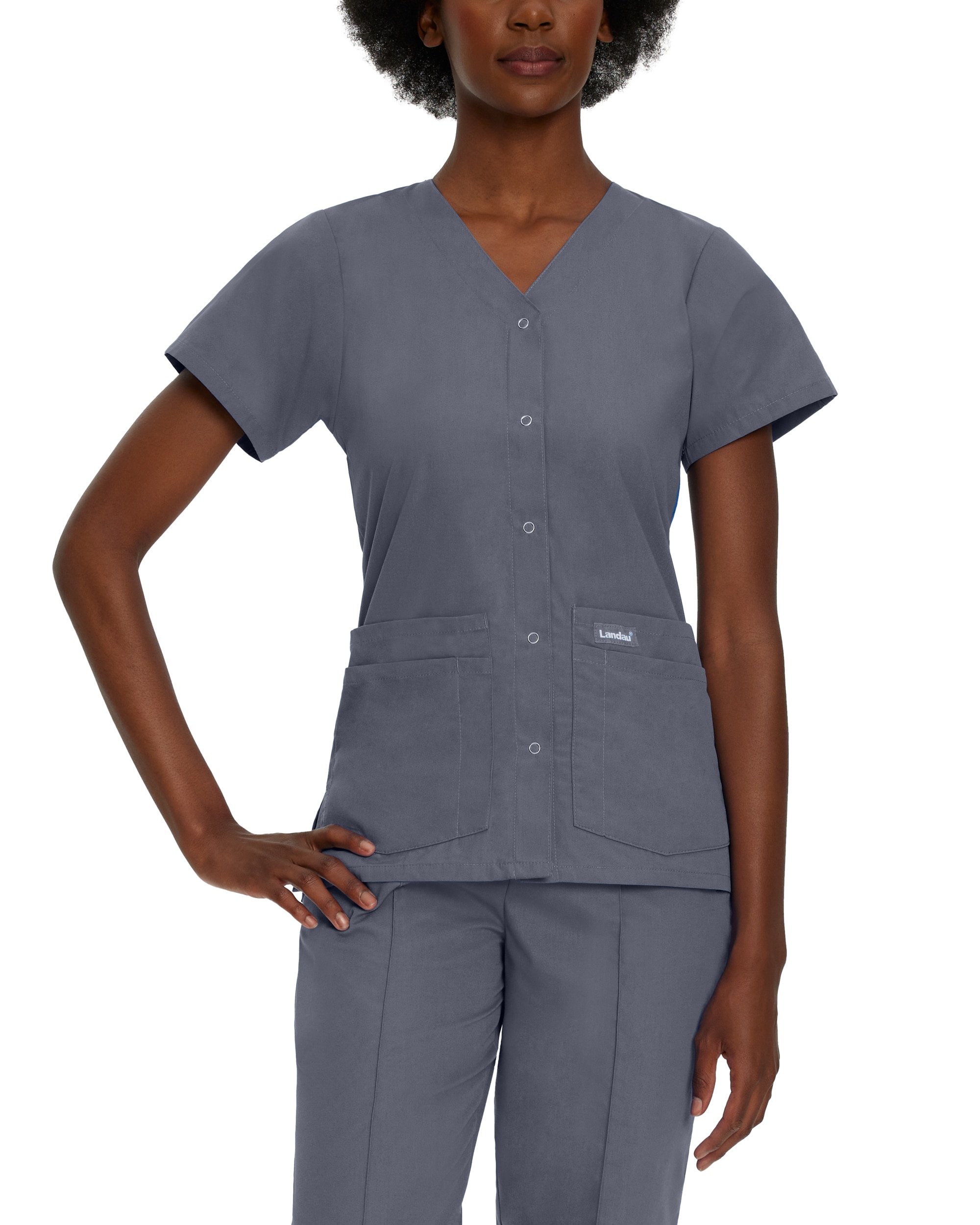 Women's Snap Front 4-Pocket V-Neck Solid Scrub Top