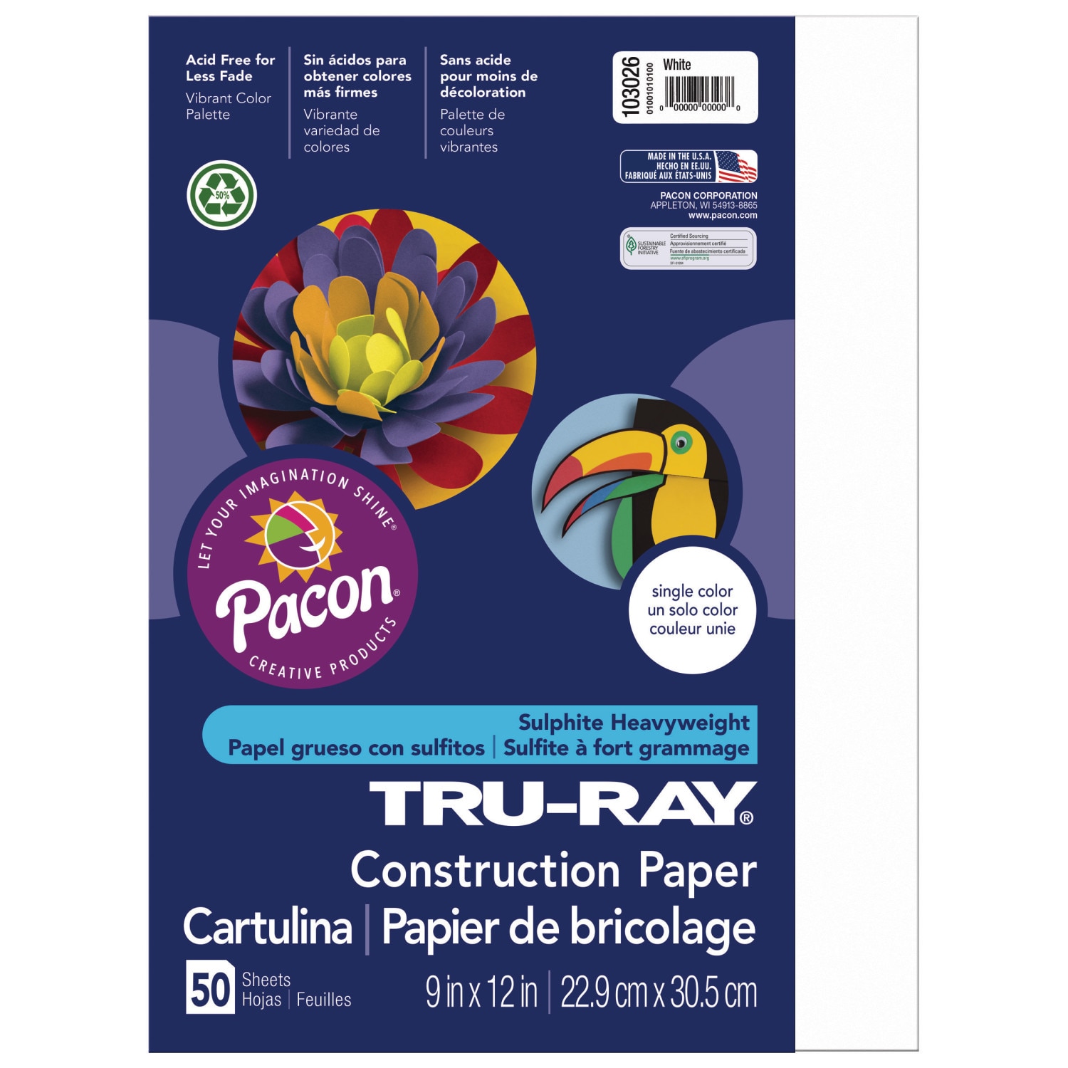 Pacon Tru-Ray Construction Paper, 50 Sheets, 9" x 12", White