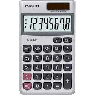 8-digit handheld calculator features 16-digit approximations, large easy-to-read display, metal facing, and three-digit comma markers. Functions include independent memory, square root key, constants, profit margin, percent and change sign.
