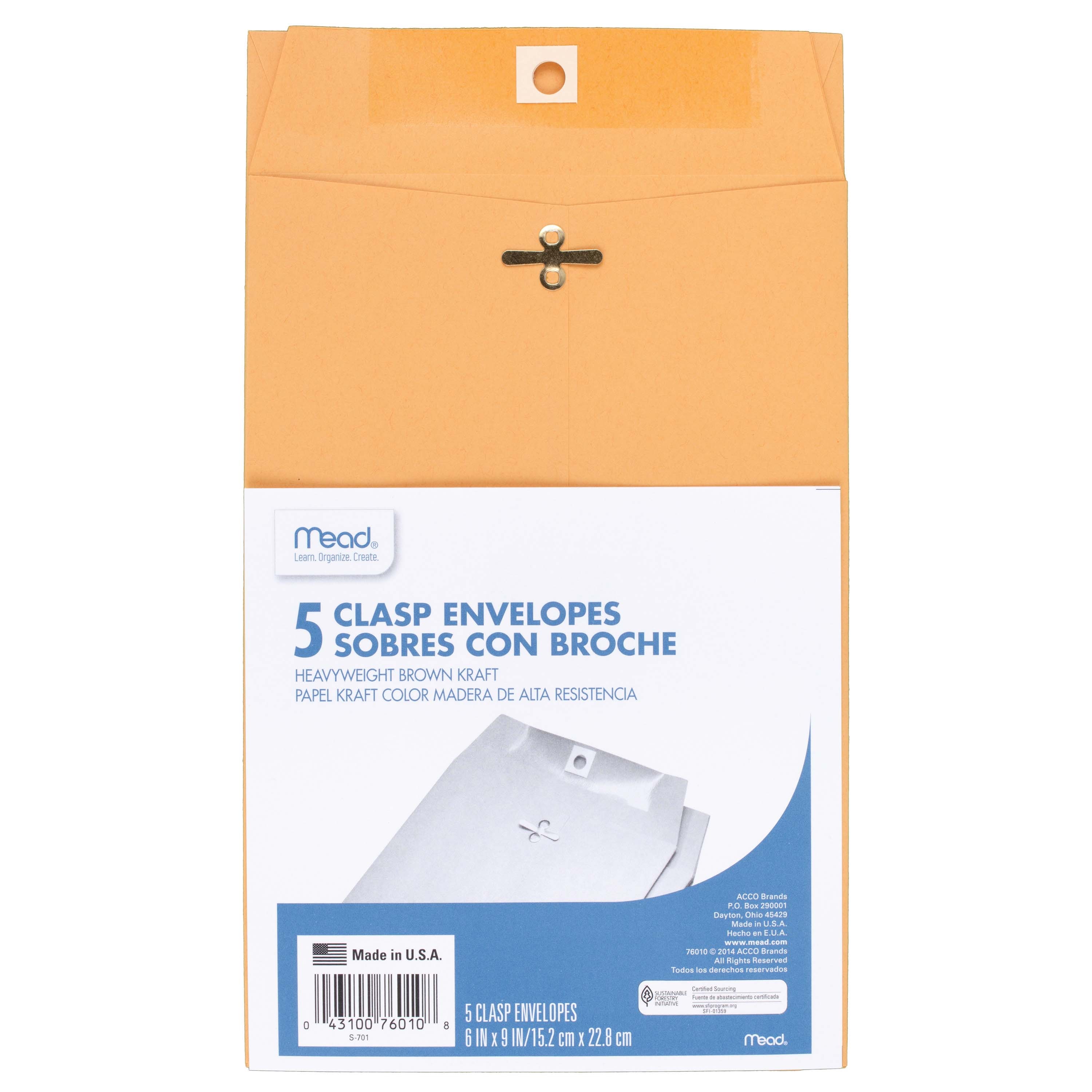 Mead Clasp Envelopes, 6" x 9", Brown Kraft, 5 Count