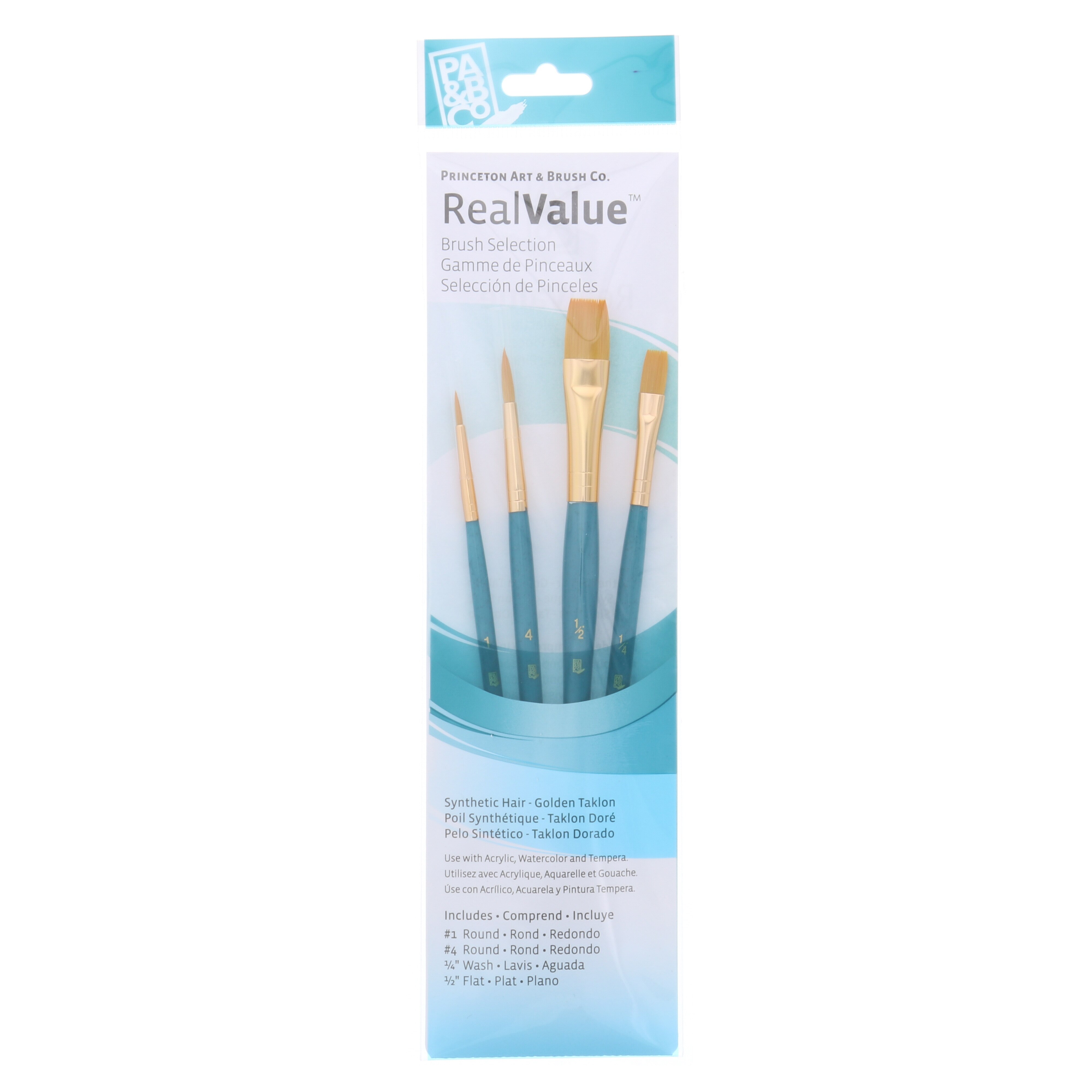 Princeton Brush Real Value 4-Brush Golden Taklon Brush Set, Round 1, 4, Wash 1/4, Flat 1/2