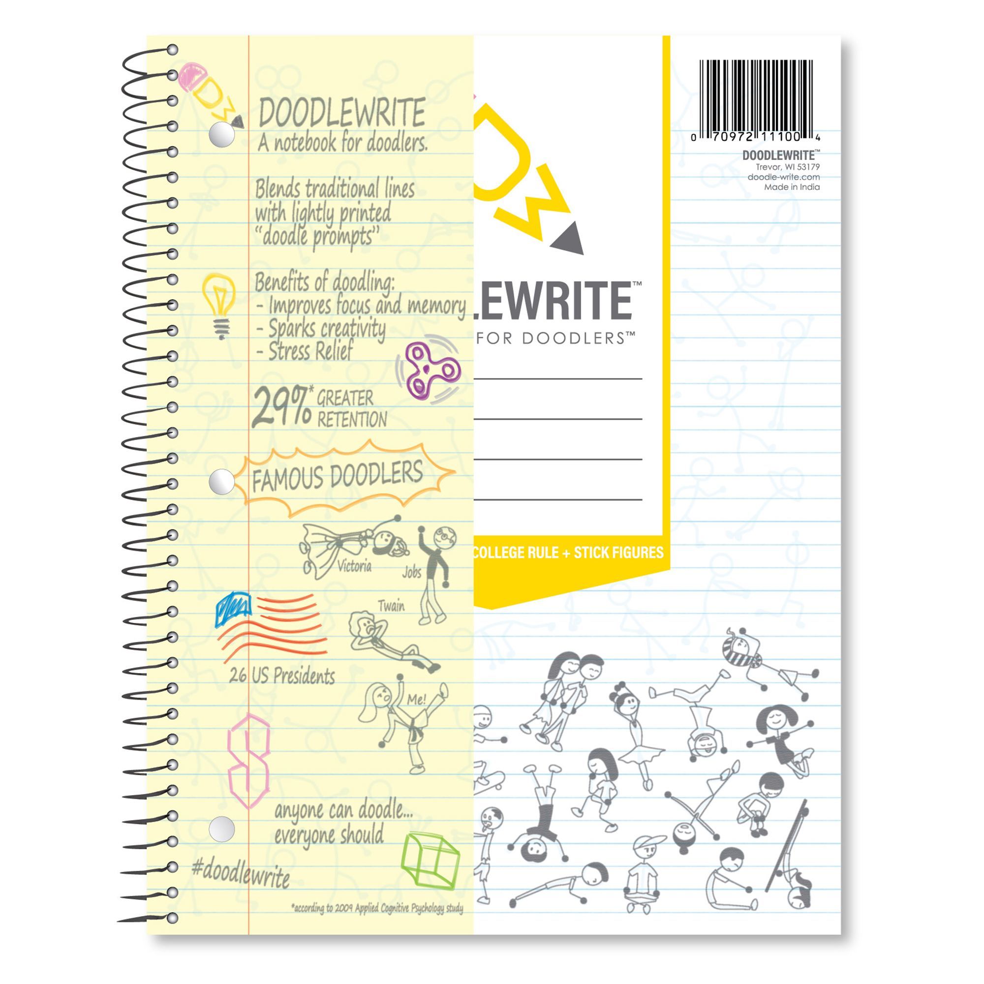 DOODLEWRITE 1 SUBJECT NOTEBOOK FEATURING COLLEGE RULED LINES + STICK FIGURES! DOODLE MORE, LEARN MORE!