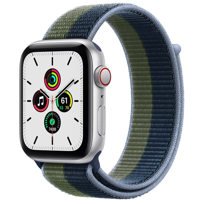 Apple Watch SE GPS + Cellular 44mm Silver Aluminum Case with Abyss Blue/Moss Green Sport Loop