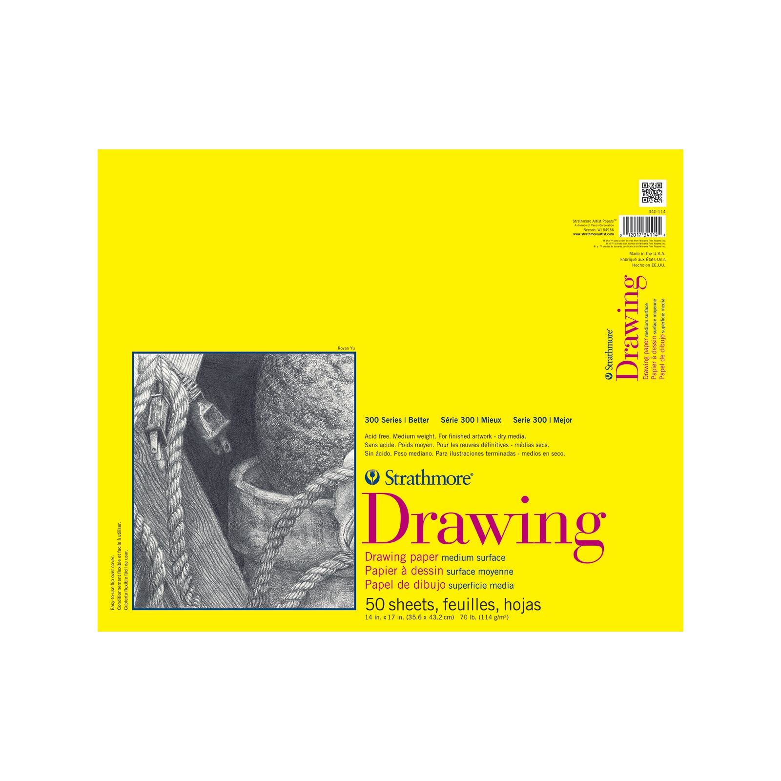 Strathmore Drawing Paper Pad, 300 Series, 20 Sheets, 14" x 17", Tape Bound
