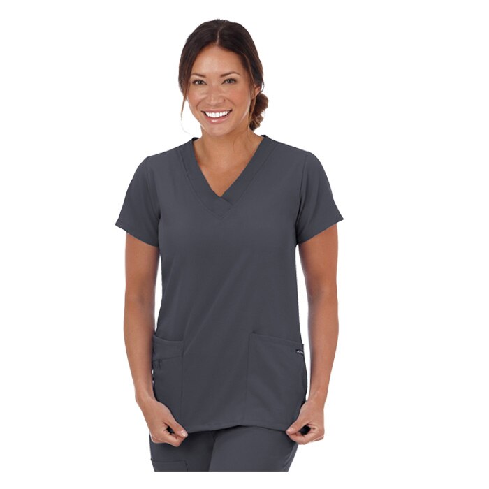 LADIES SHORT SLV SCRUB TOP + LMU RICHARD GILLESPIE COLLEGE OF VET MEDICINE LOGO W/ WHITE THREAD
