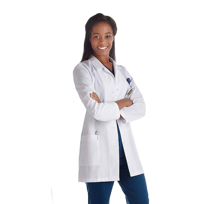 Ladies 33" Lab Coat + Richard Gillespie College of Vet Med Patch + LMU Richard Gillespie College of Vet Med Logo + 3L Emb