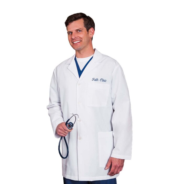 Men's 34" Labcoat + Richard Gillespie College of Vet Med Patch + LMU Richard Gillespie College of Vet Med Logo + 4L Emb