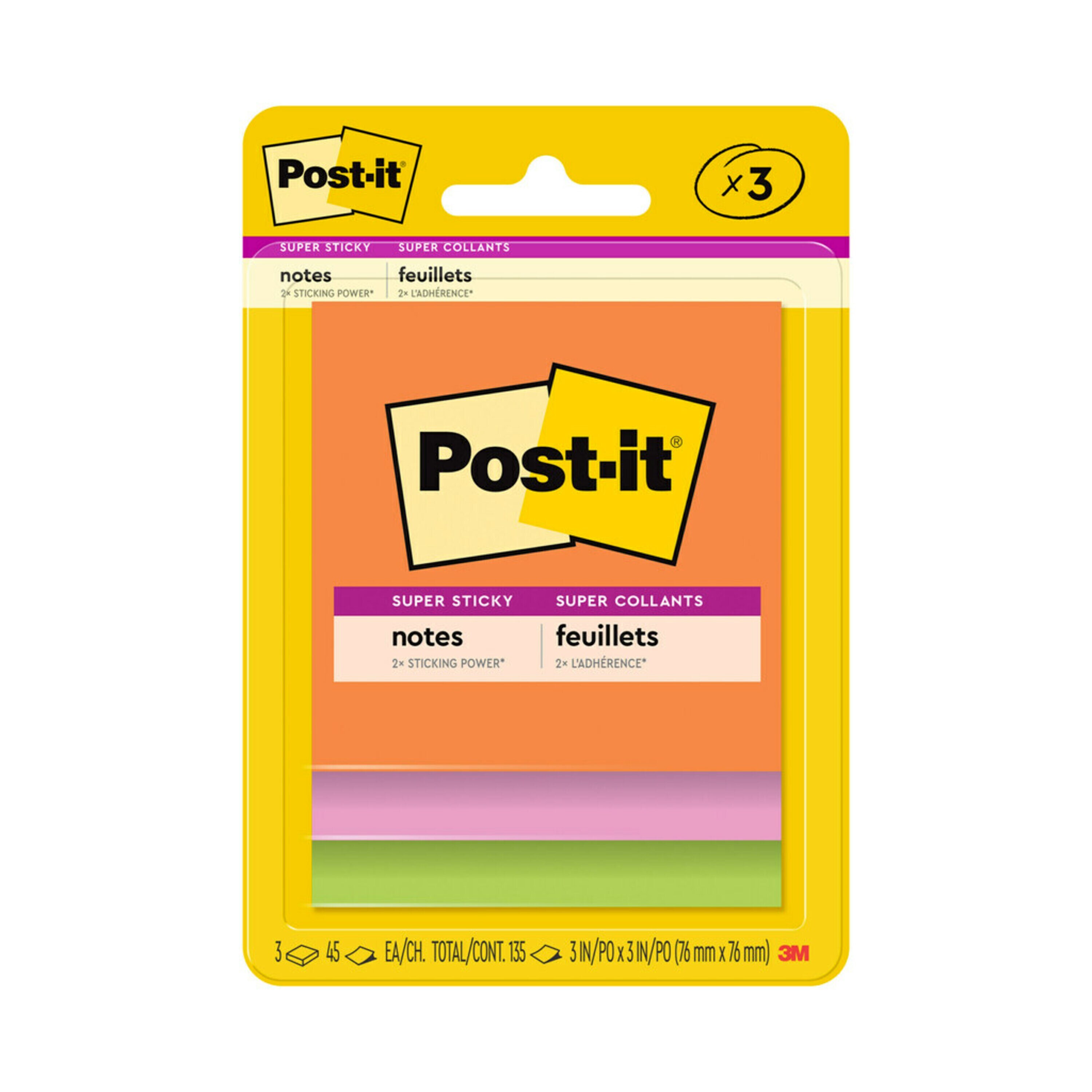 3M Post-it Super Sticky 3x3 Notes, 3 pack
