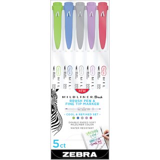 Zebra Mildliner Double Ended Brush Pen Assorted Cool & Refined Color 5Pack