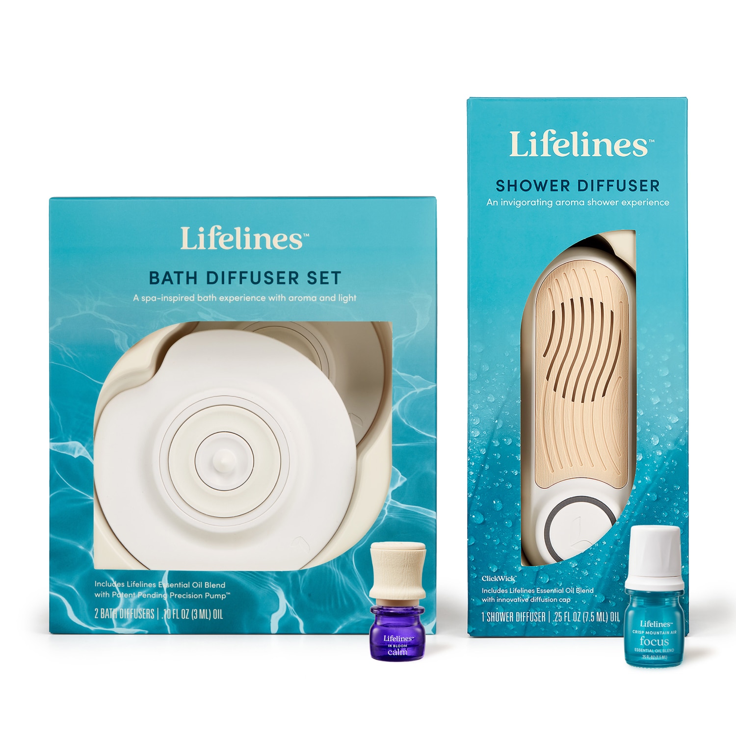 Lifelines "Unwind Your Body and Mind" Bundle - Shower Diffuser and Bath Diffuser Set plus Essential Oil Blends