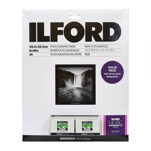 Ilford Multigrade V RC Deluxe Glossy Surface Black & White Photo Paper and 2x HP5 Plus 35mm Film Roll Value Pack, 190gsm, 8x10", 25 Sheets