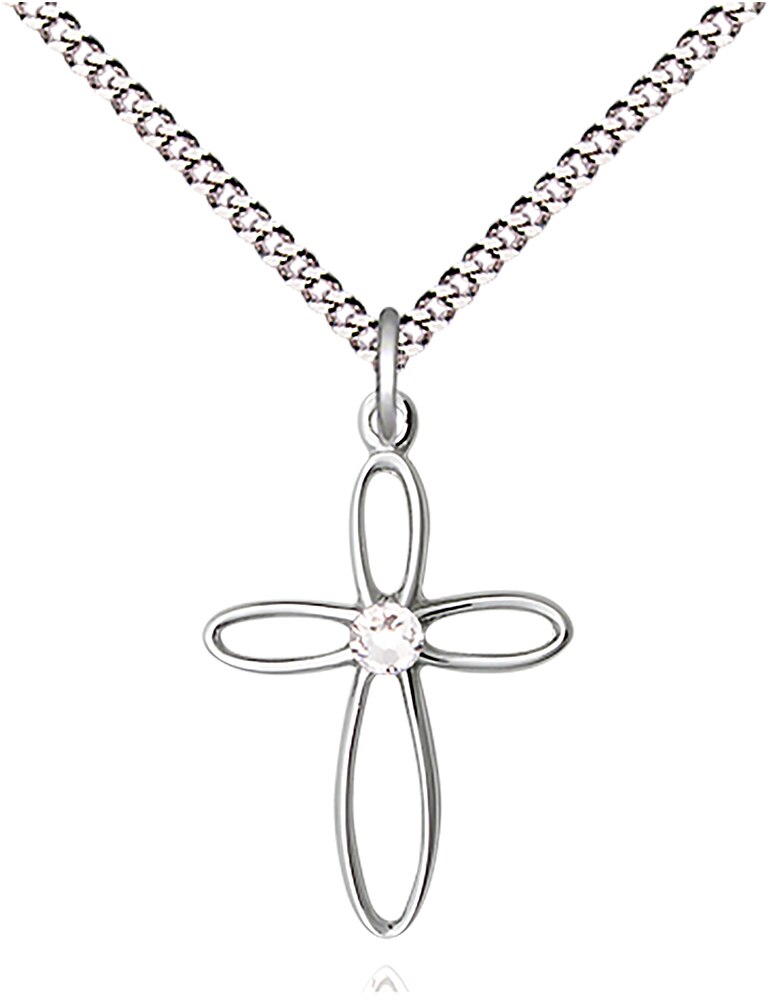 Sterling Silver Loop Cross Pendant with a 3mm Austrian Crystal Stone on a 18-inch Light Rhodium Light Curb Chain.