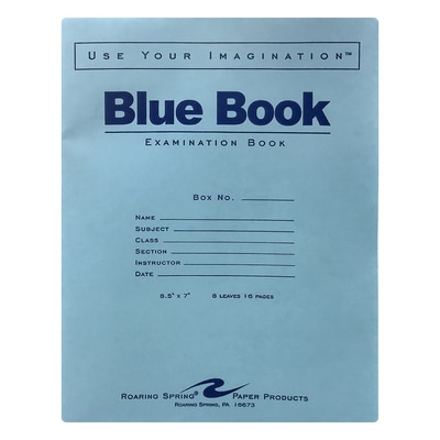 Test Blue Exam Book, Wide Ruled with Margin, 8.5" x 7" 8 Sheets/16 Pages, Blue Cover