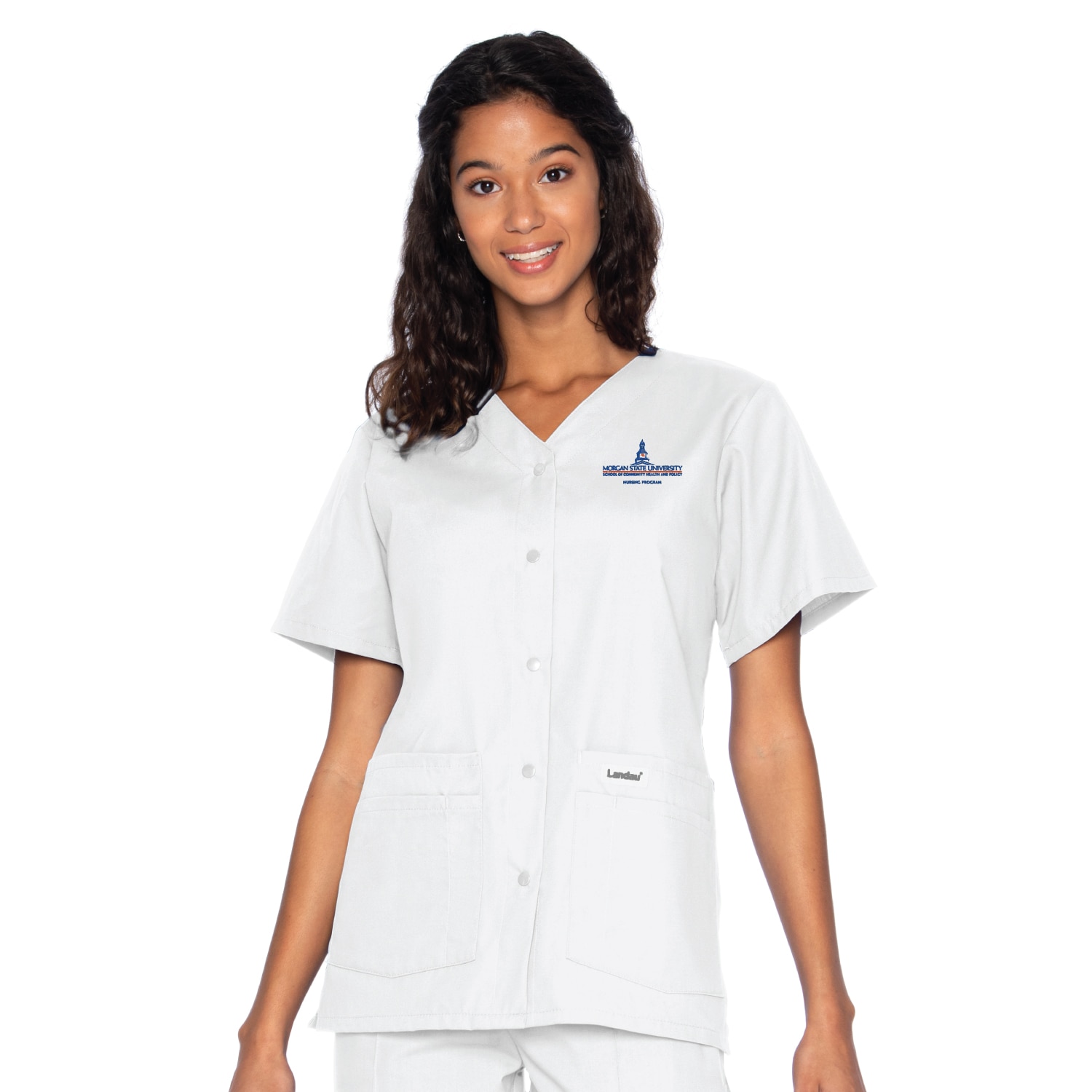 Morgan State Decorated Snap Front 4-Pocket V-Neck Solid Scrub Top