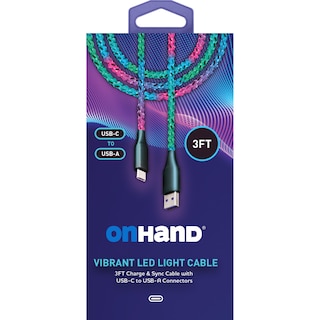 OnHand Vibrant  USB-A to USB-C LED Light Charge & Sync Cable 3ft