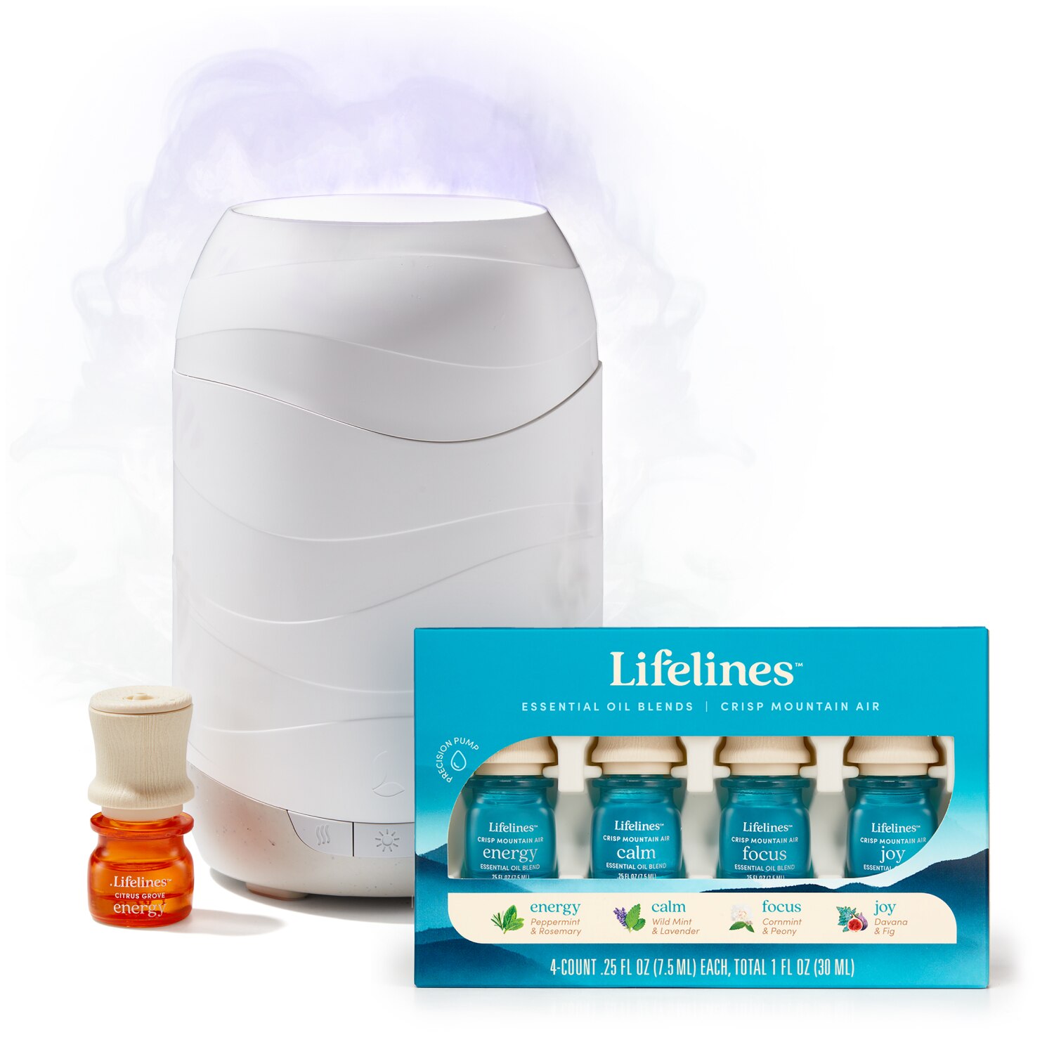 Lifelines "Sensory Symphony" Bundle - Waves Ultrasonic Diffuser and Essential Oil Blend 4-Pack