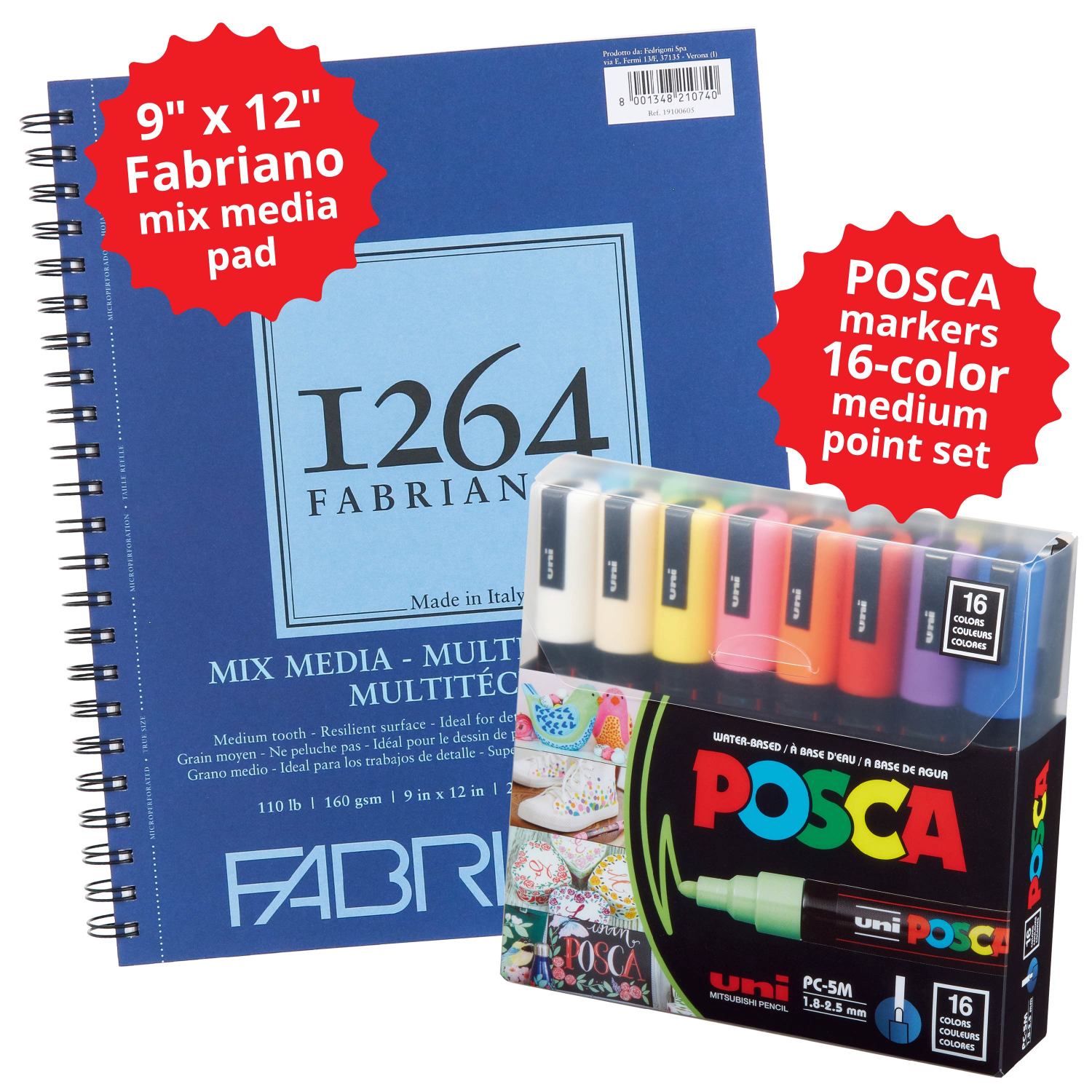 Fabriano 1264 Mixed Media Pad, and POSCA Marker 16-Color PC-5M Medium PtBundle