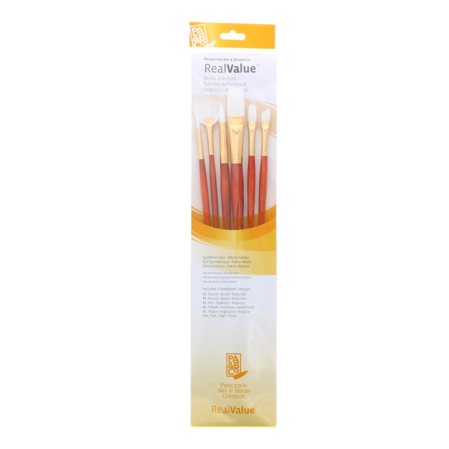 Princeton Brush Real Value 6-Brush White Taklon Set, Rnd 2, 6, Flt 10, Angle Shader 4, Flbt 4, Fan 2