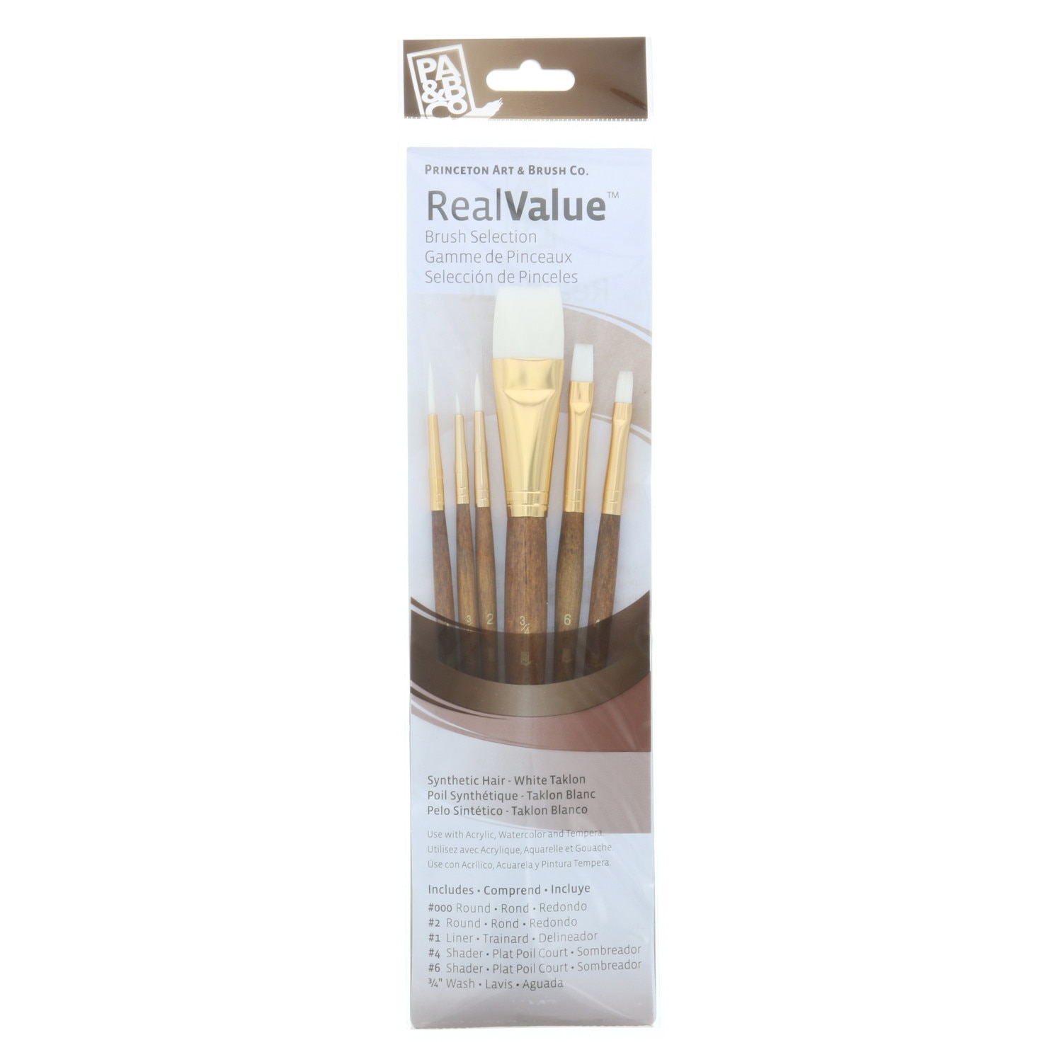 Princeton Brush Real Value 6-Brush White Taklon Set, Round 3/0, 2, Liner 1, Shader 4, 6, Wash 3/4