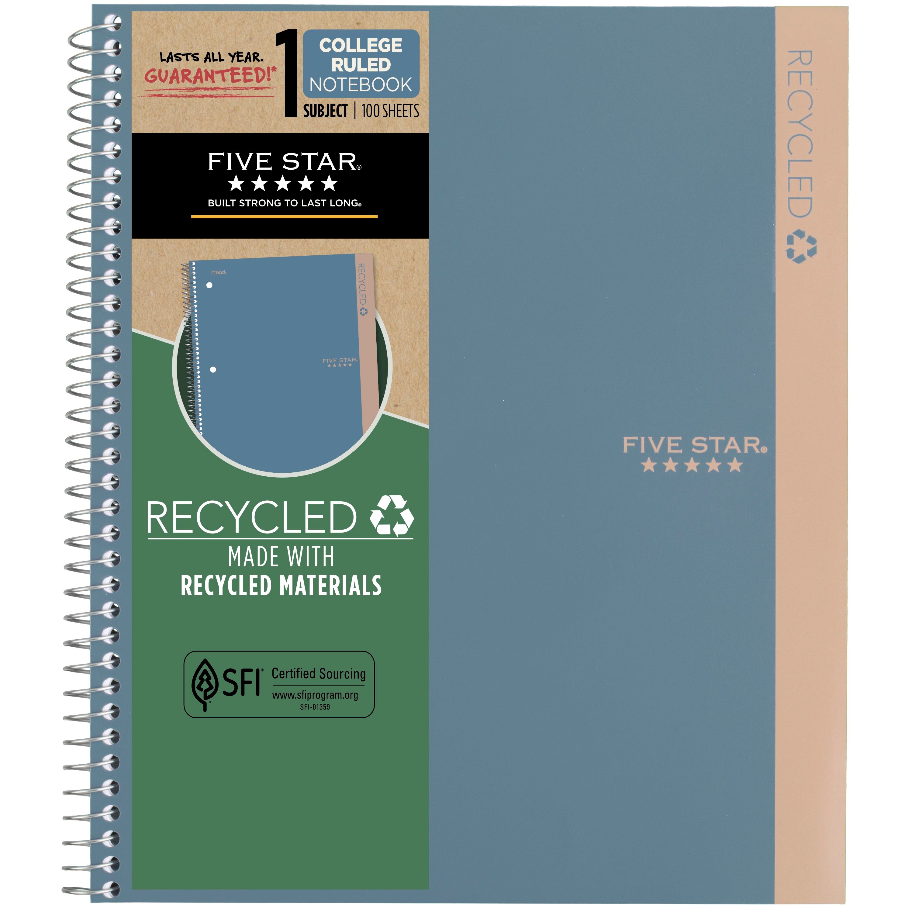 Five Star(R) Recycled 1 Subject Notebook, 100 count, College Ruled