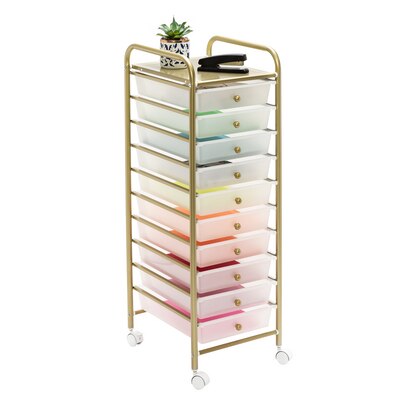 10 Drawer Metal Rolling Storage Cart in Gold