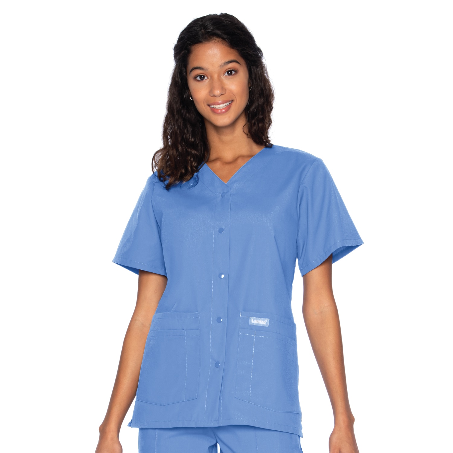 Women's Snap Front 4-Pocket V-Neck Solid Scrub Top