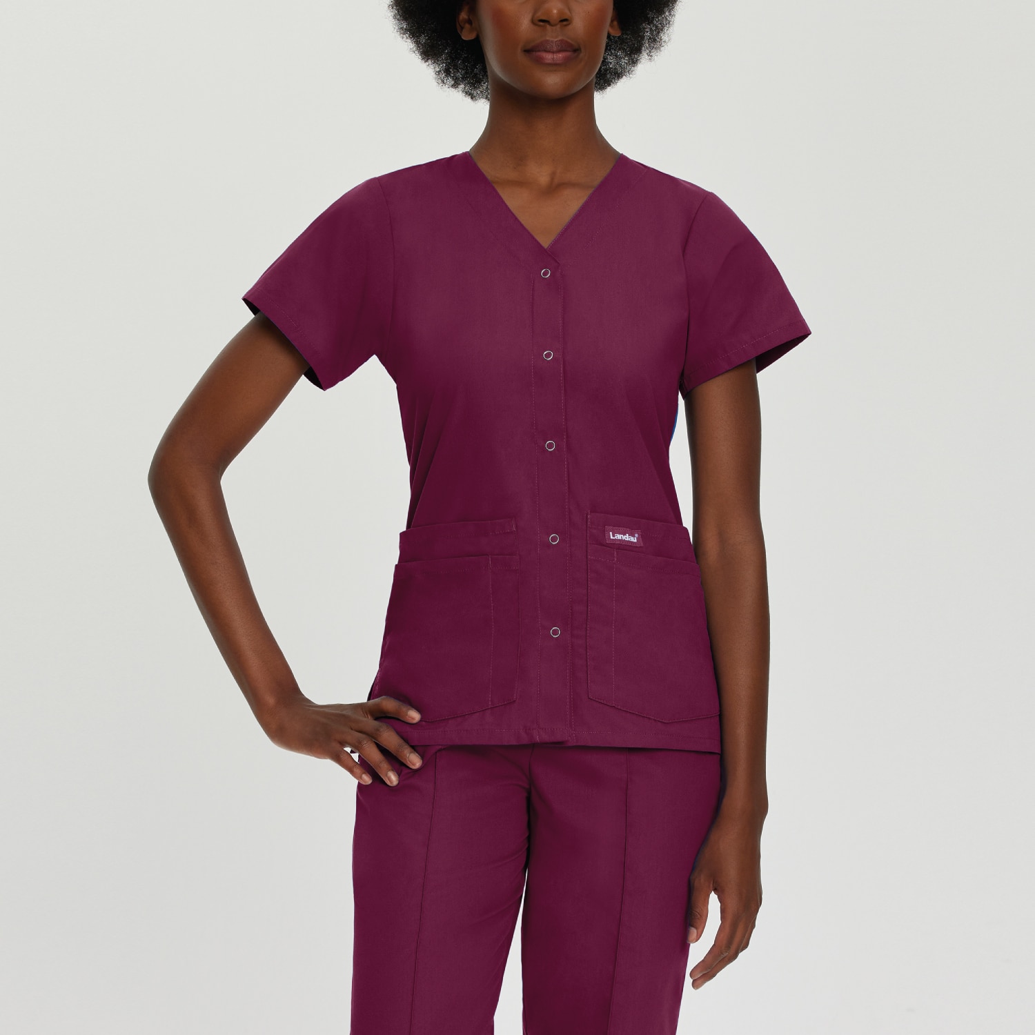 Women's Snap Front 4-Pocket V-Neck Solid Scrub Top