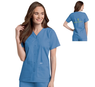 Mott Community College Decorated Snap Front 4-Pocket V-Neck Solid Scrub Top