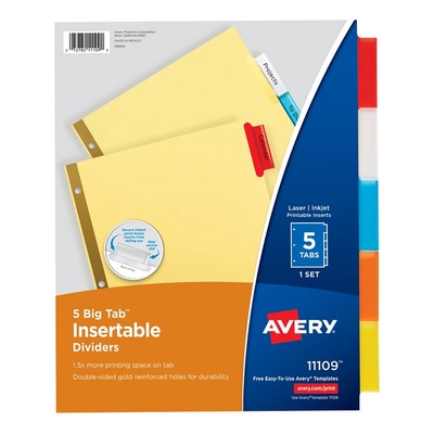 Avery Big Tab Insertable Dividers Buff Paper 5Tab Set Assorted Colors
