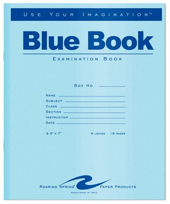 Test Blue Exam Book, Wide Ruled with Margin, 8.5" x 7" 8 Sheets/16 Pages, Blue Cover