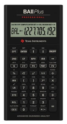 BA II Plus Professional is a calculator with leather-like case included. Added functionality including MIRR, NFV, Modified Duration, Payback, and Discounted Payback. Also has improved 10 digit display.