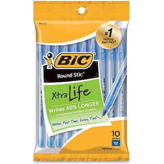 BIC Round Stic Xtra Life Ball Pen Medium 1.0mm Blue Ink 10 Count