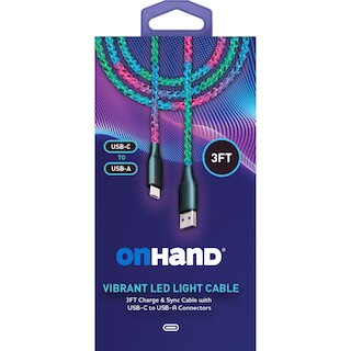 OnHand Vibrant  USB-A to USB-C LED Light Charge & Sync Cable 3ft