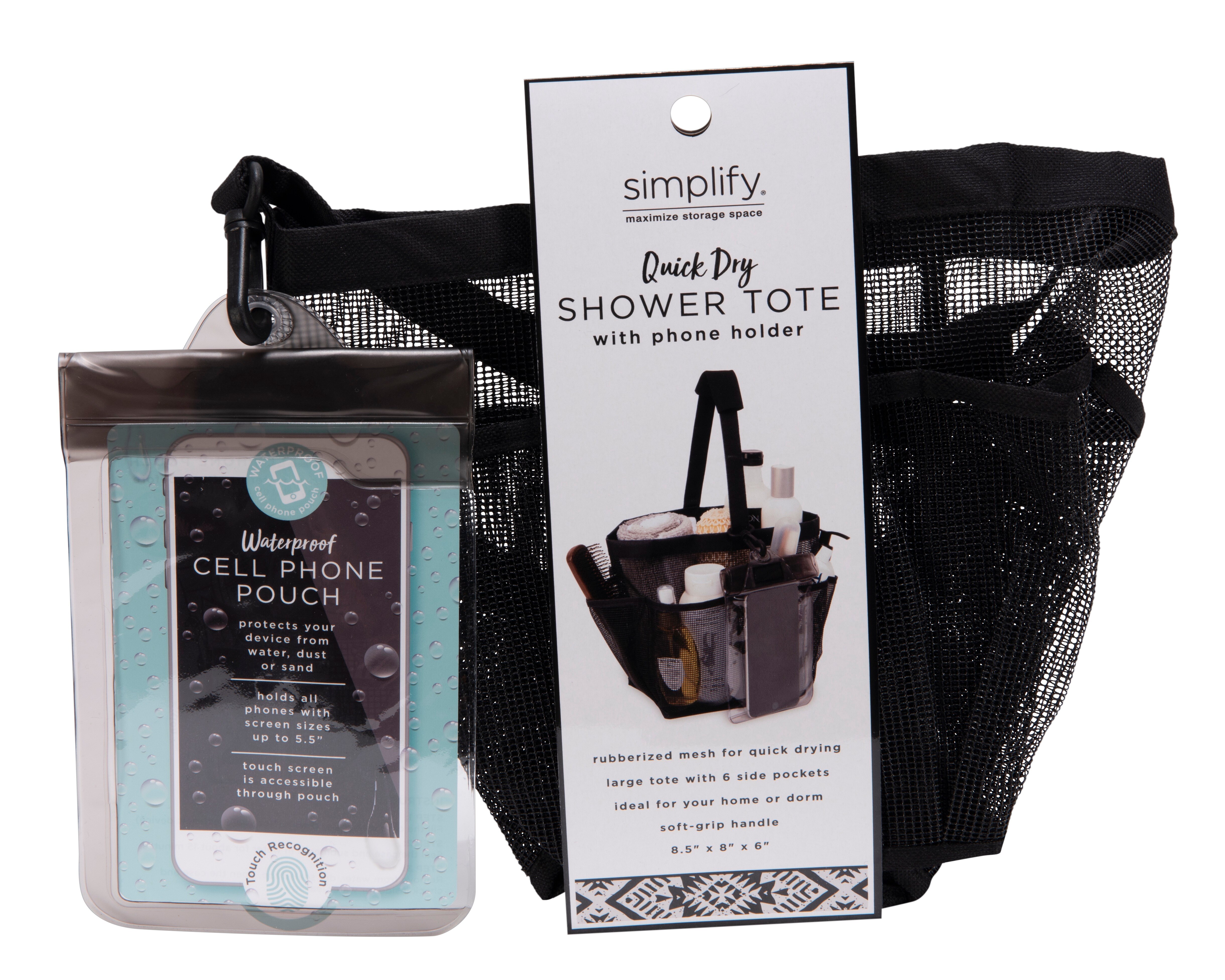 Bath Bliss Quick-Dry Portable Bath Tote with Rubber Mesh Pockets and Waterproof Phone Holder