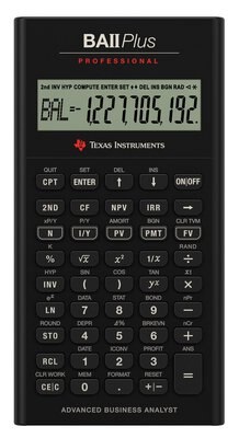 BA II Plus Professional is a calculator with leather-like case included. Added functionality including MIRR, NFV, Modified Duration, Payback, and Discounted Payback. Also has improved 10 digit display.