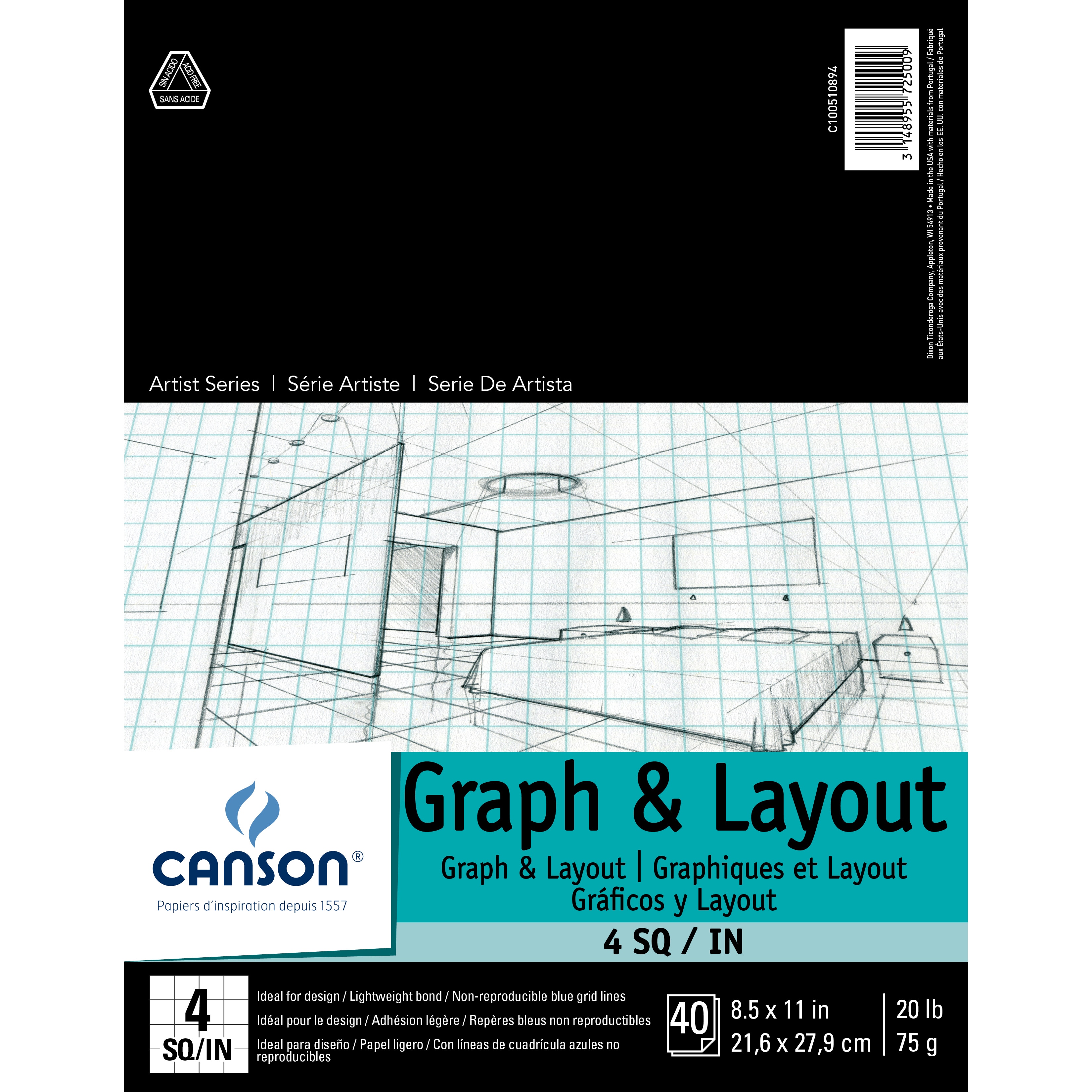 Canson Artist Series Graph & Layout Paper Pad, 40 Sheets, 4" x 4" Grid, 8.5" x 11"
