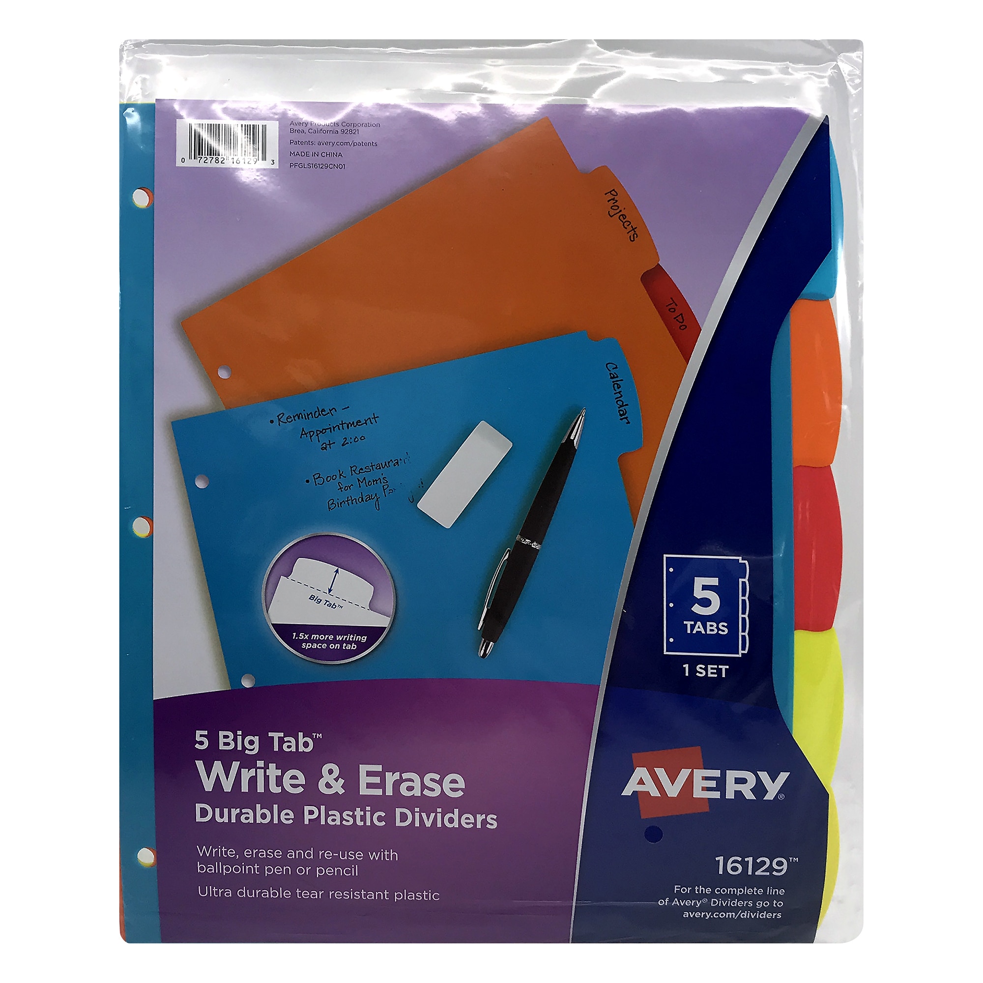 Avery Big Tab Write & Erase Plastic Dividers,  5-Tab Set, Multicolor