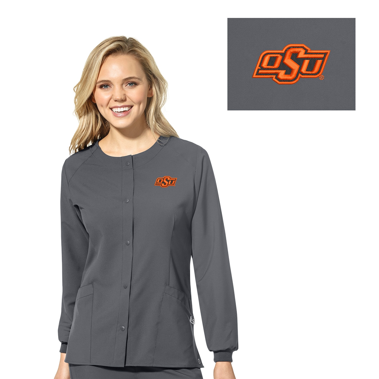 Oklahoma State Custom Decorated WonderWink W123 Women's Crew Neck Warm Up Scrub Jacket, 8155OKST1