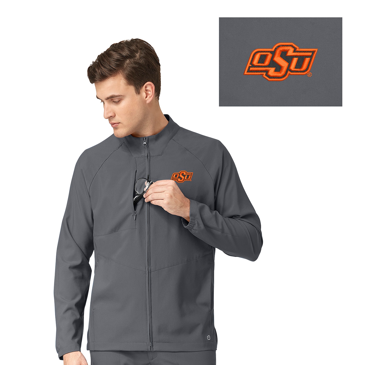 Oklahoma State Custom Decorated WonderWink W123 Men's Zip Front Warm up Scrub Jacket, 8355OKST1