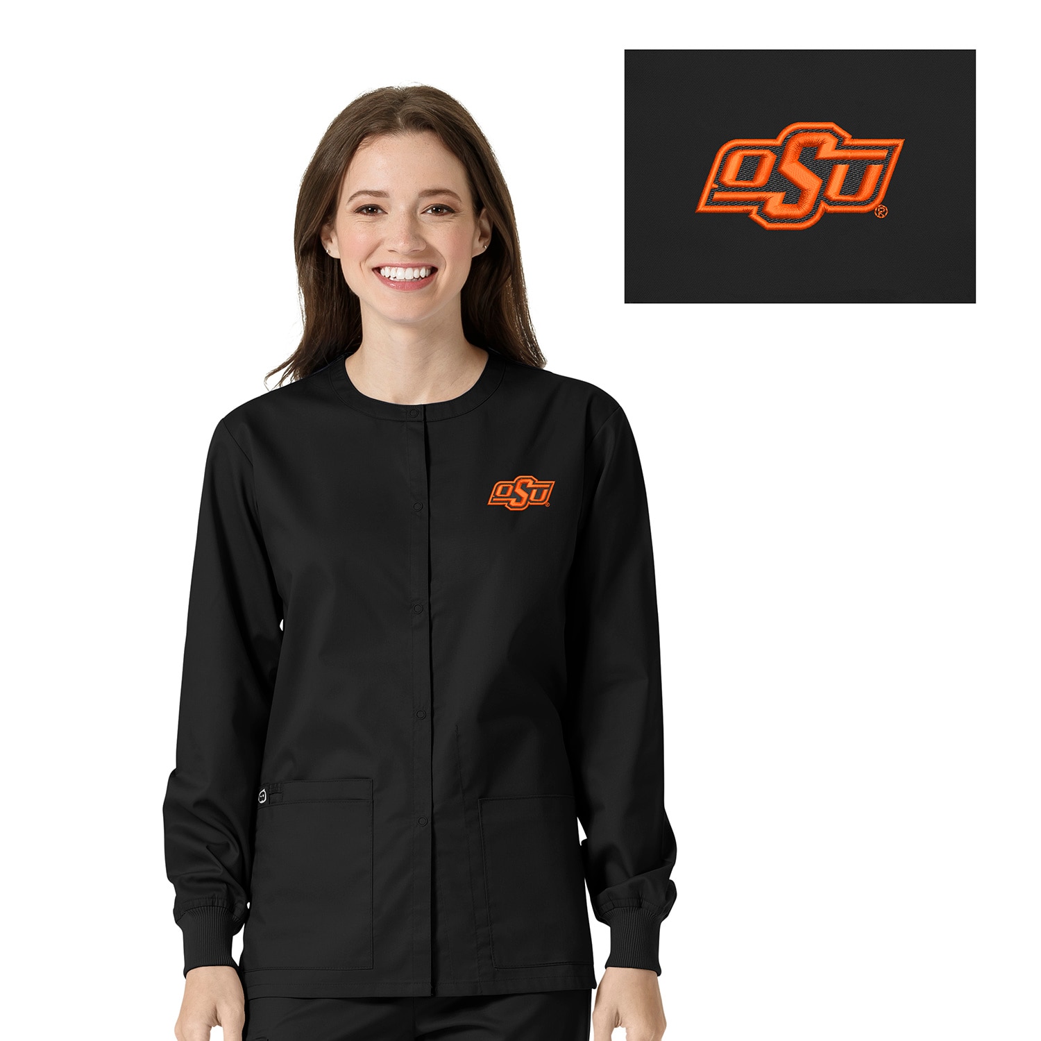 Oklahoma State Custom Decorated WonderWink WWK Unisex Snap Front Scrub Jacket, 800OKST1