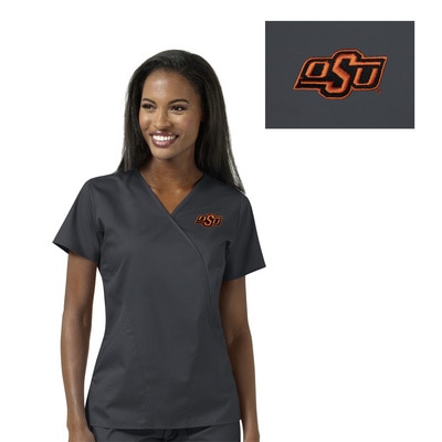 Oklahoma State Custom Decorated WonderWink WWK Women's Mock Wrap Scrub Top, 102OKST1