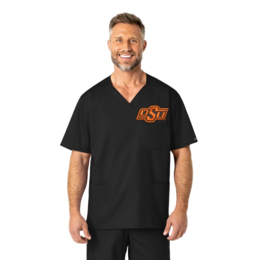 Oklahoma State Custom Decorated WonderWink WWK Men's V-neck Scrub Top, 103OKST1