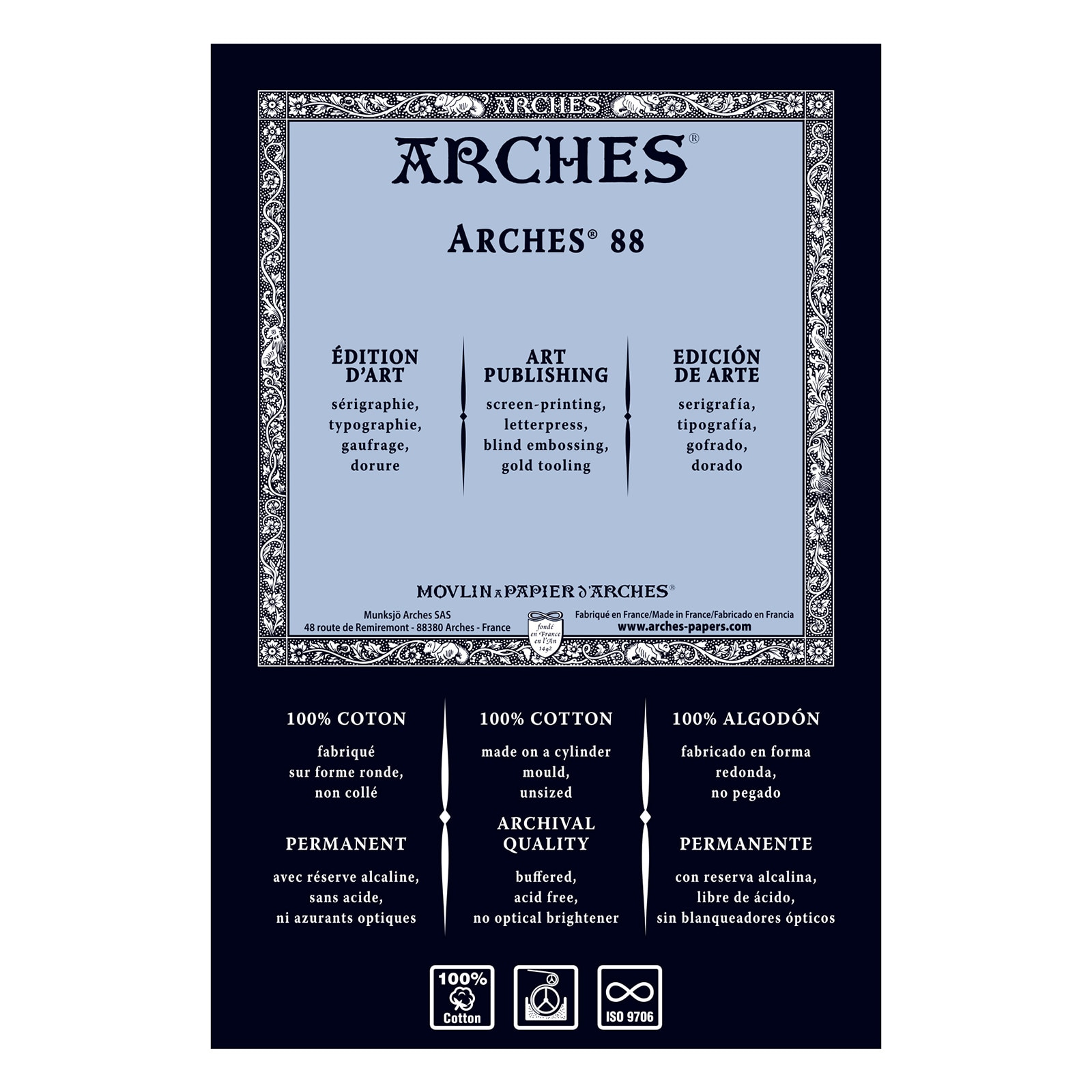 Arches 88 Silkscreen Sheet, 22" x 30", 140 lb., White, 10 Sheets