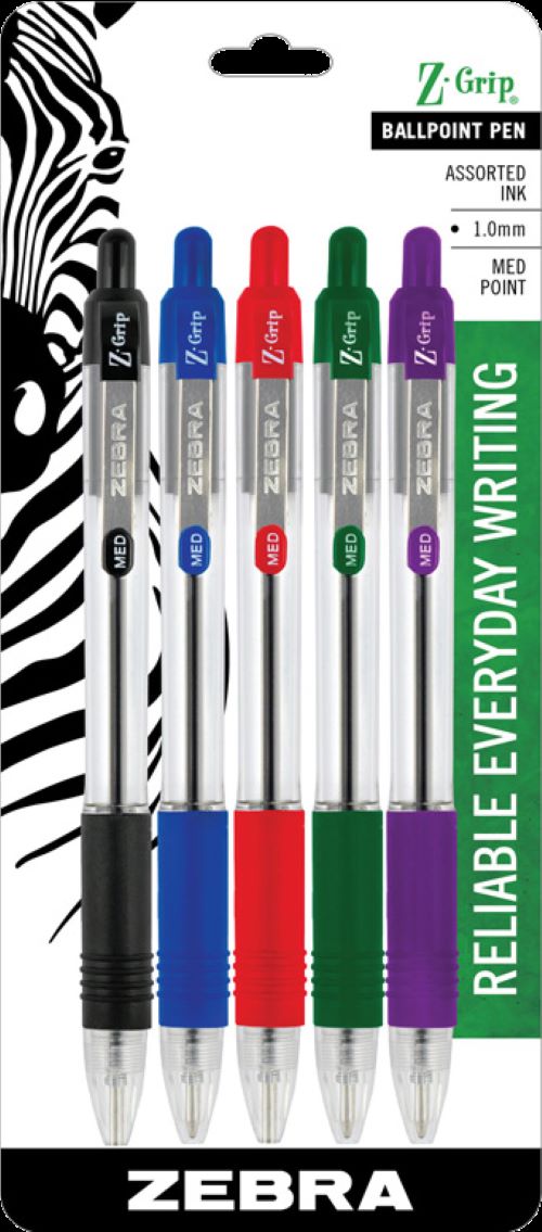 Zebra ZGrip Ballpoint Retractable Pen 1.0mm Assorted 5Pack