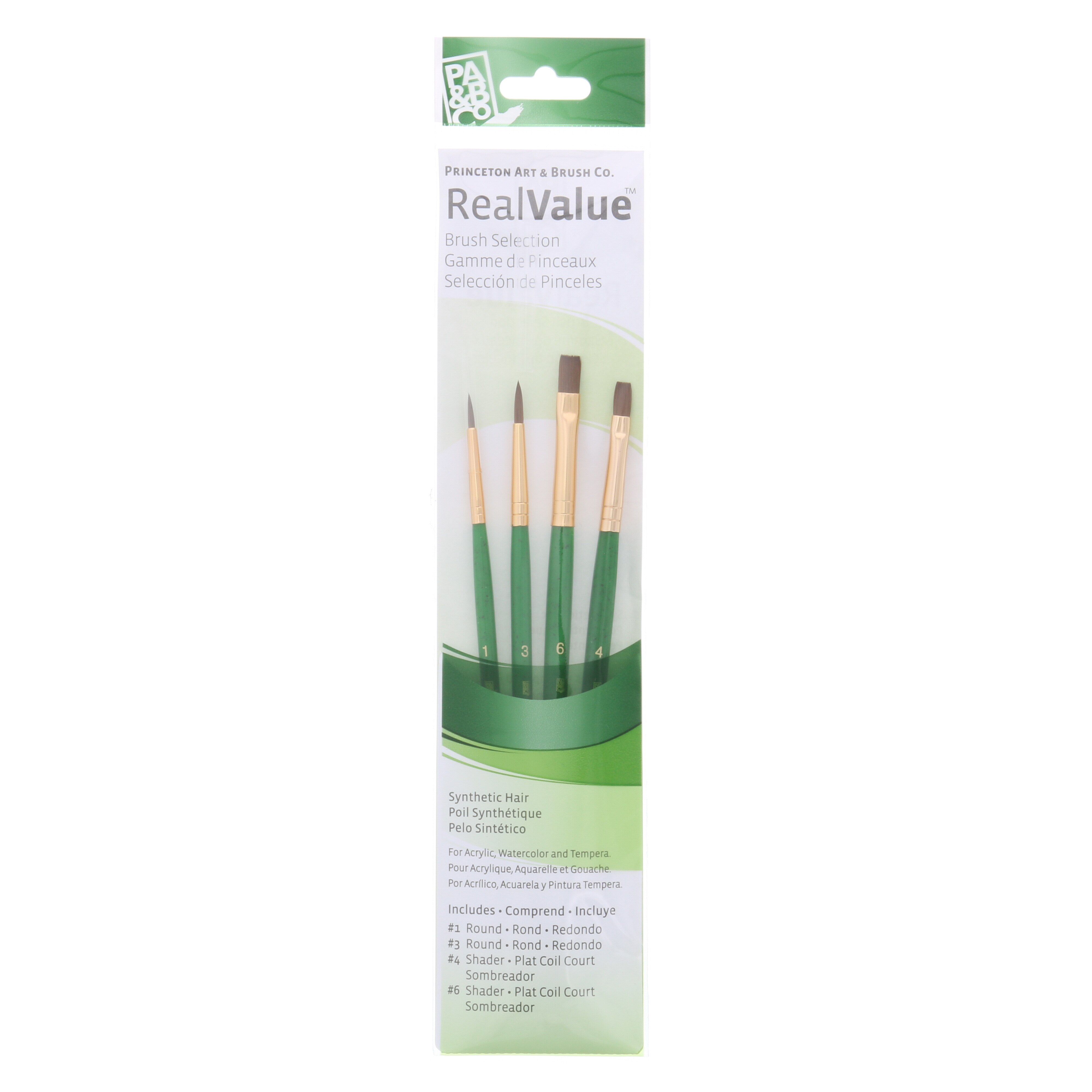 Princeton Brush Real Value 4-Brush Synthetic Hair Brush Set, Round 1, 3, Shader 4, 6