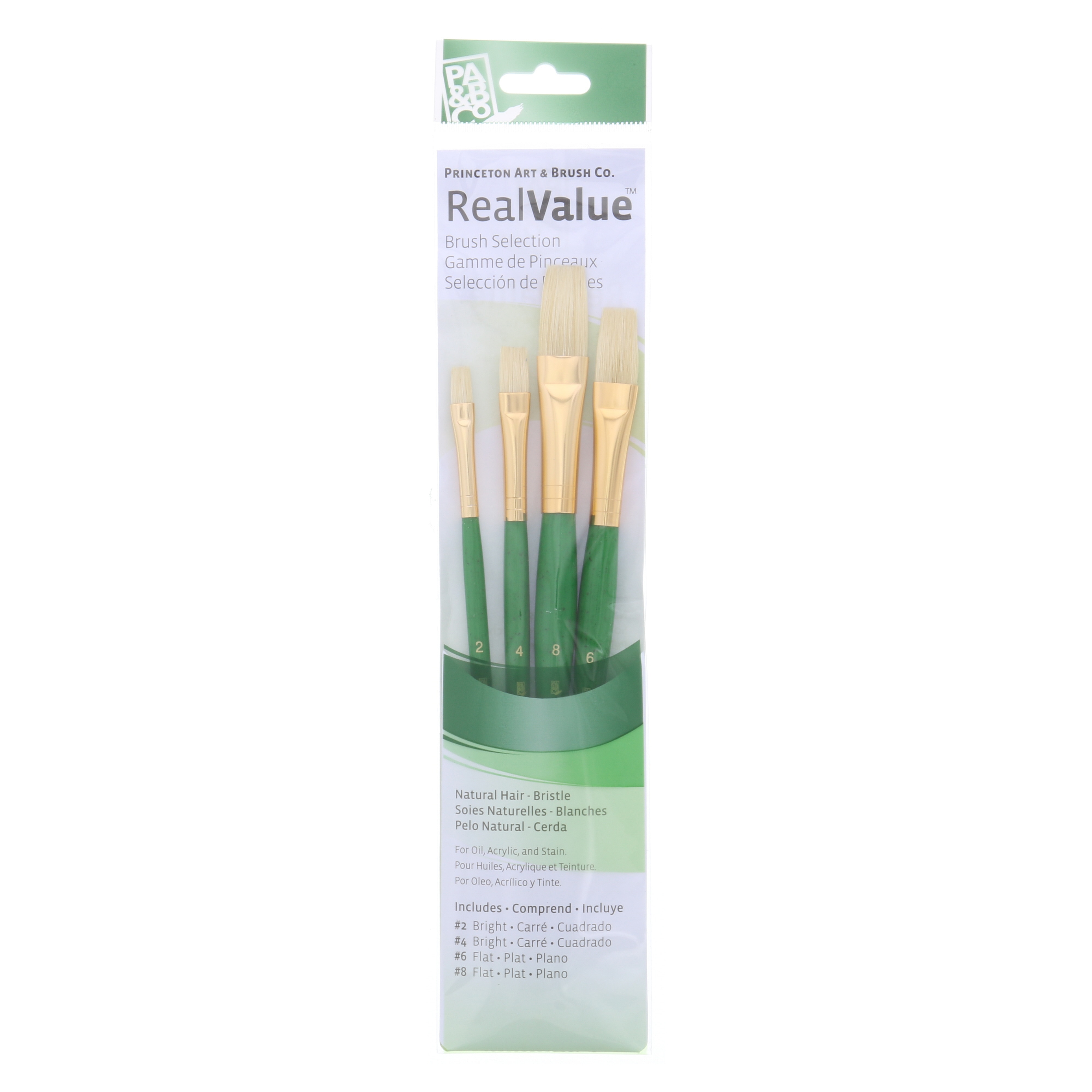 Princeton Brush Real Value 4-Brush Bristle Brush Set, Bright 2, 4, Flat 6, 8