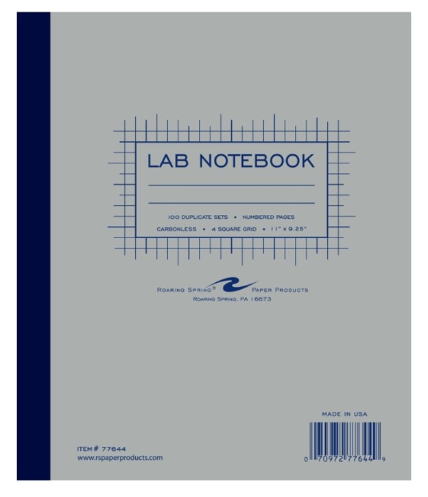 Roaring Spring 4x4 Graph Ruled Lab Book with Numbered Carbonless Sets, 11" x 9.25" 100 Sets, Gray Cover, White/Blue Pages